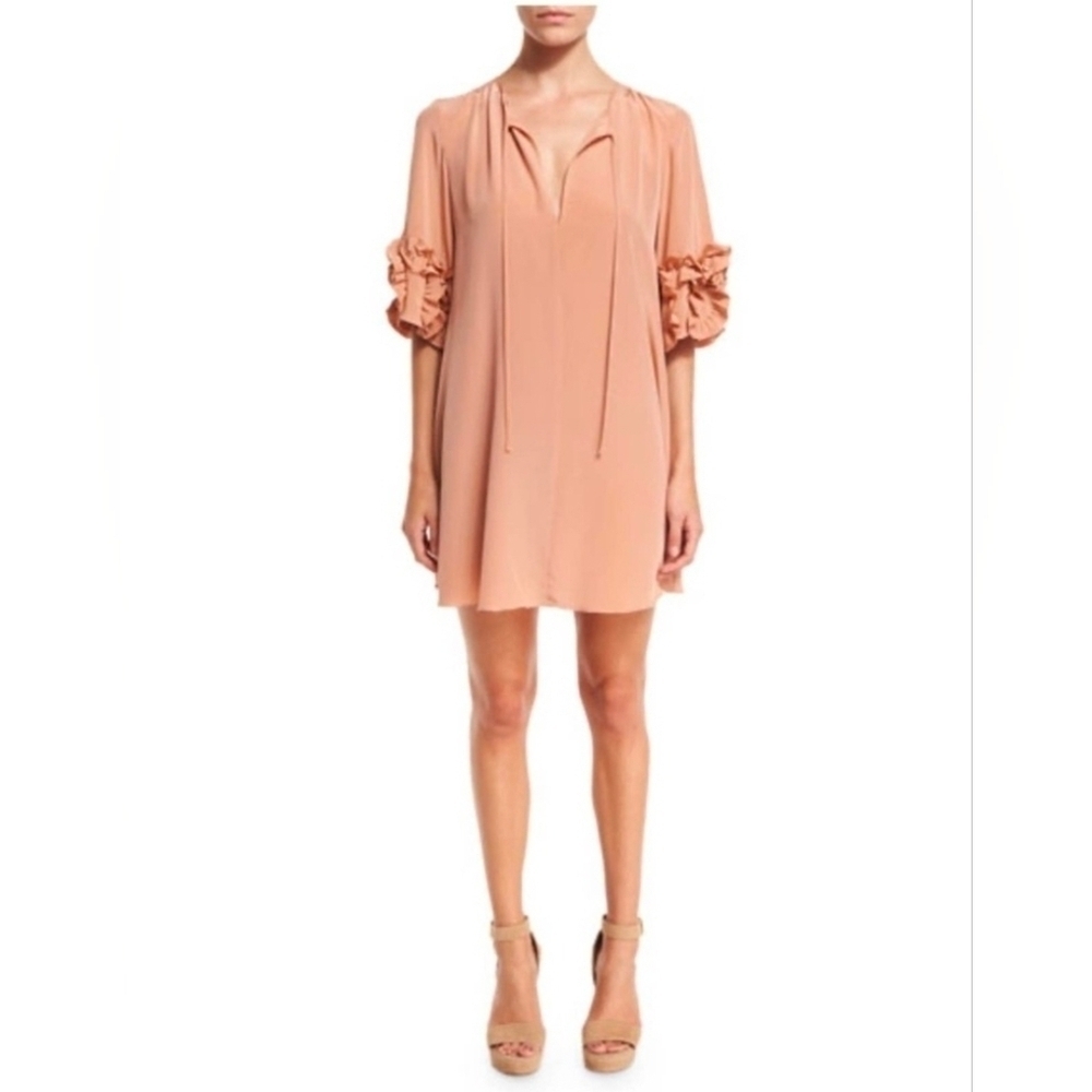 See By Chloe Dusty Nude Babydoll Ruffle Sleeve Silk Shift Dress Size 36